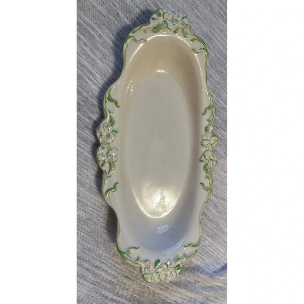 Vintage Ceramic Trinket Dish with Floral Embossing and Inscription 1968